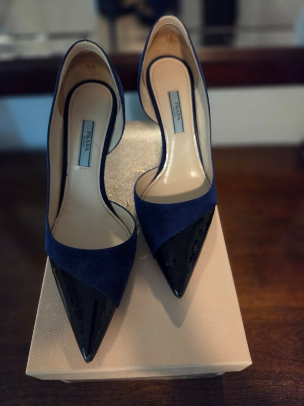 Prada Black Patent and Blue Suede Heels